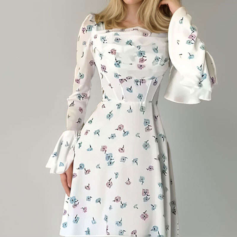 Women's Elegant Floral Ruched Fairy Flowy Long Dress With Waist Cinching And Bell Sleeves B5
