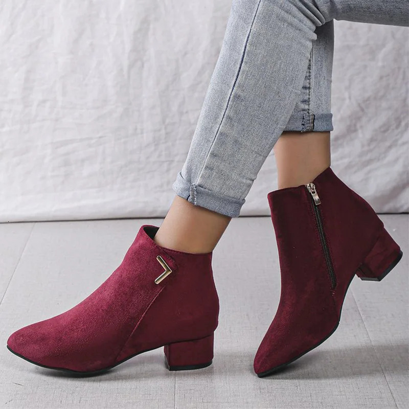Burgundy Faux Suede Ankle Boots Women Spring Autumn 2025 Classic Metal Decoration Boots Woman Zipper Pointed Toe Botas Mujer 250805