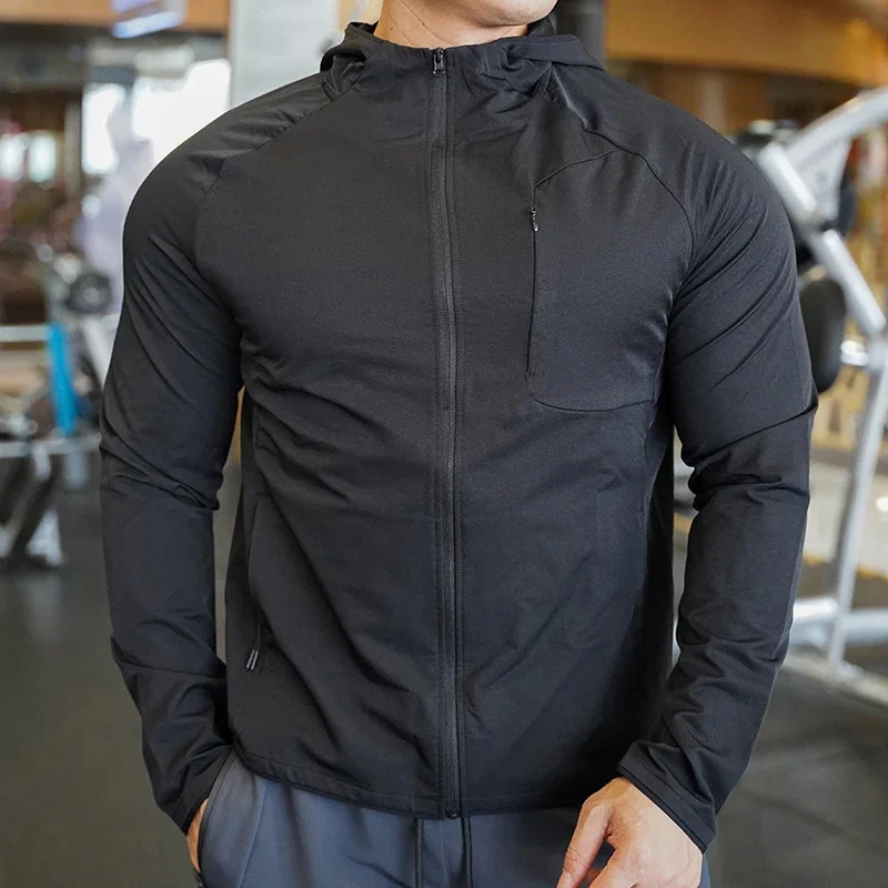 High Quality Nylon Sport Coat Mens Gym Fitness Hoodies Outdoor Workout Tops Hooded Training Running Zipped Jacket Clothes250806