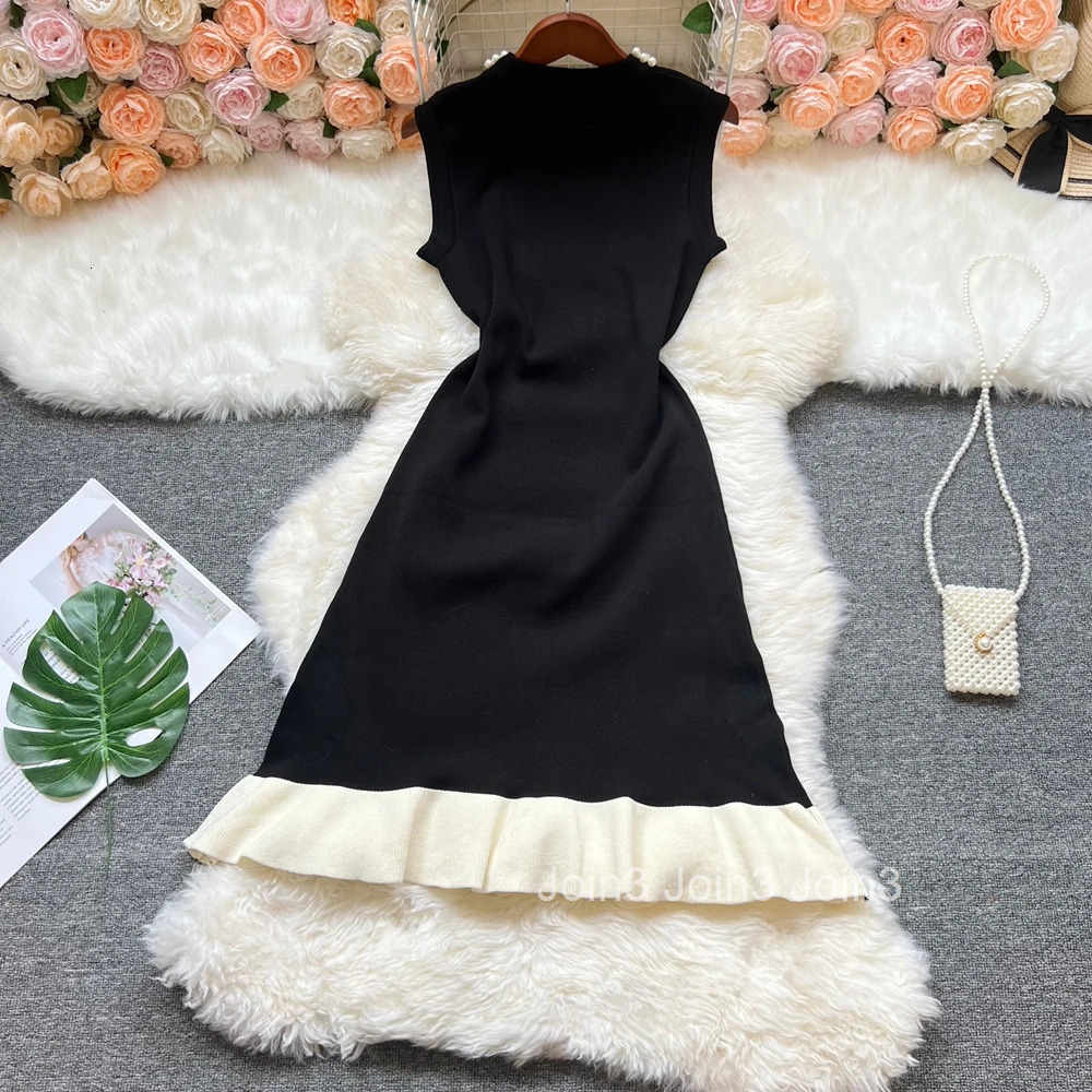 YuooMuoo Chic Fashion Elegant Patchwork Knitted Mermaid Dress Summer Women Pearls O-neck Wrap Hips Party Dress Vestidos
