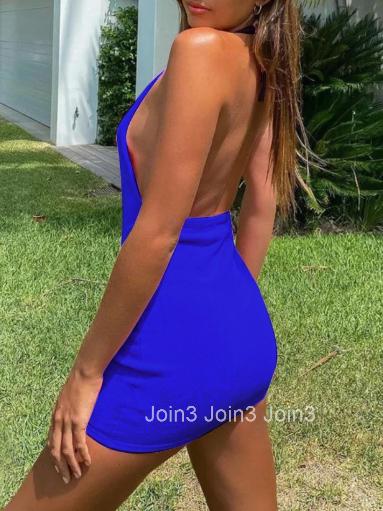 Sexy Spaghetti Strap Halter Neck Backless Bodycon Dress Women Solid Color Sleeveless Mini Dress Elegant Club Party Vestidos