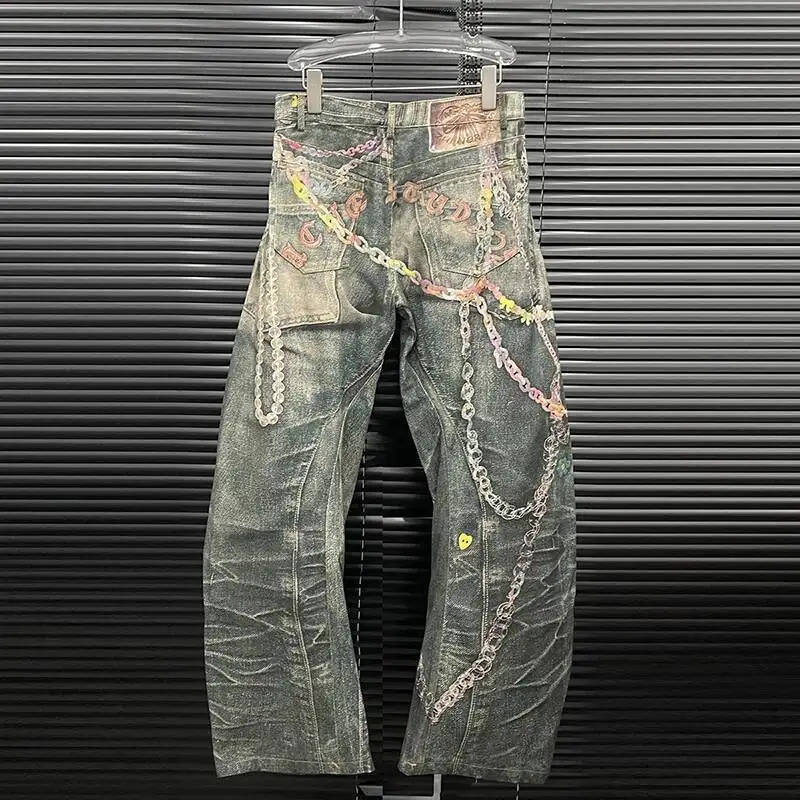 3D Retro Candy Chain Digital Printed Jeans Curved Knife Loose Denim Pants Slim Fit Straight Tube Y2k Streetwear Fashion 250806