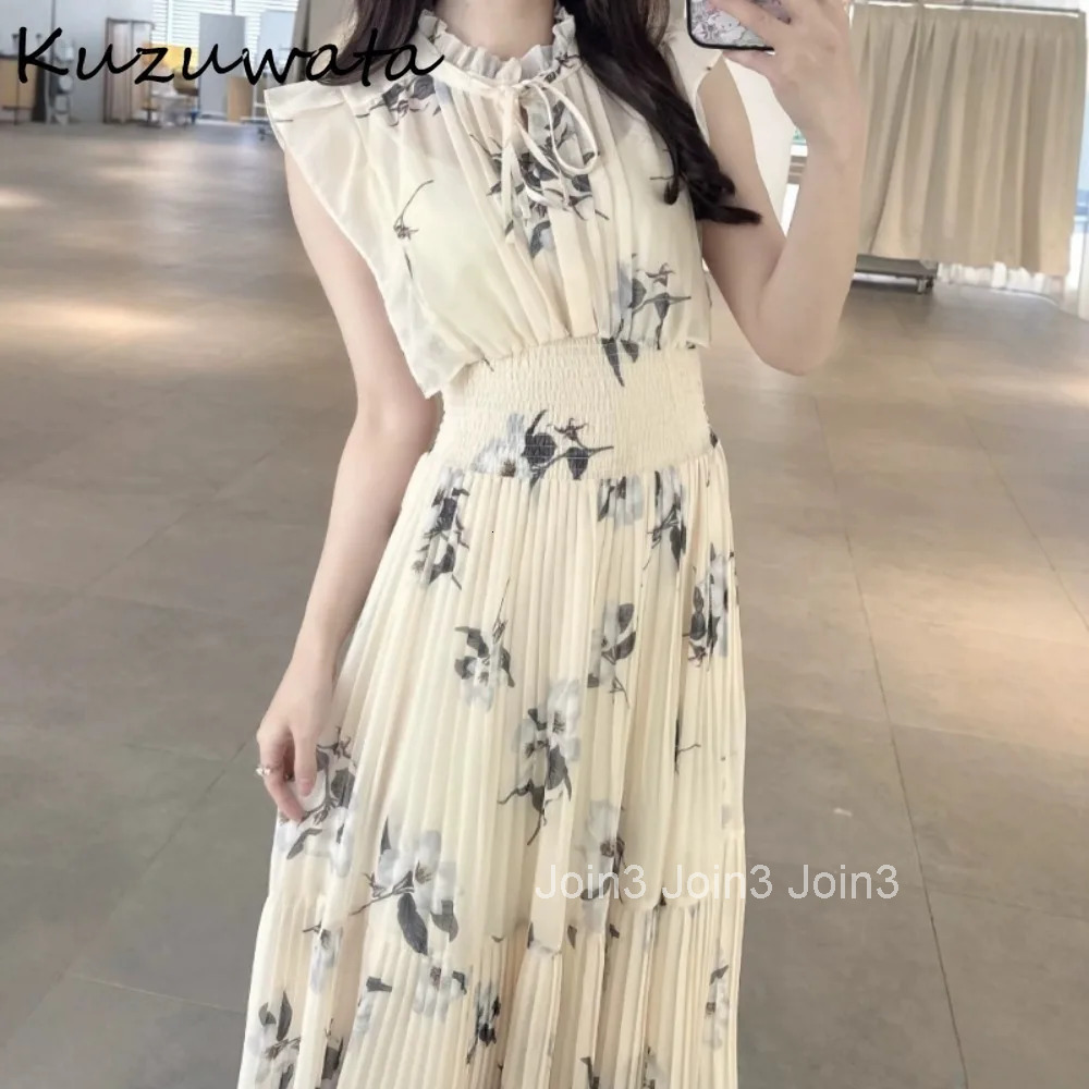 Fresh Mid-length Print High Waist Robe New Gentle Literary Lace Up Pleated Slim Exquisite Mujer Japan New Elegant Dress