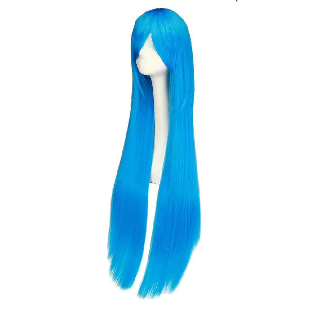 QQXCAIW Cosplay100cm Long Blue Synthetic Hair Wigs Halloween Anime Costume Straight Heat Resistant Wig 250805