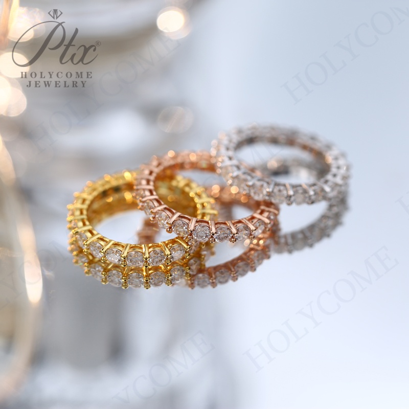 Fashion 3mm D Color Full Moissanite Row Rings For Women S925 Sterling Silver Eternity Bands Gold Plated Sparkling Wedding Rings Fine Jewelry