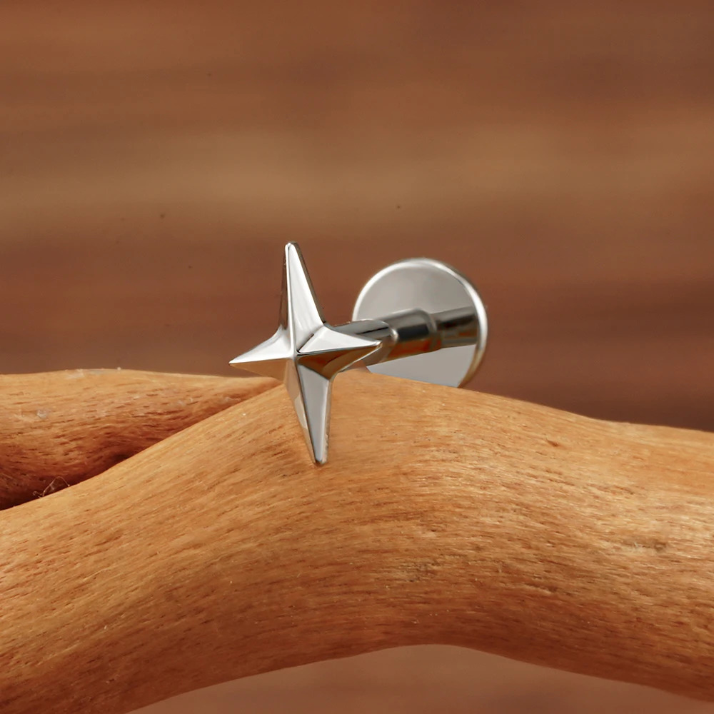 Right Grand ASTM 36 16G Four-Pointed Star Cartilage Earring Helix Tragus Stud Flatback Labret Nose Stud Piercing 250805