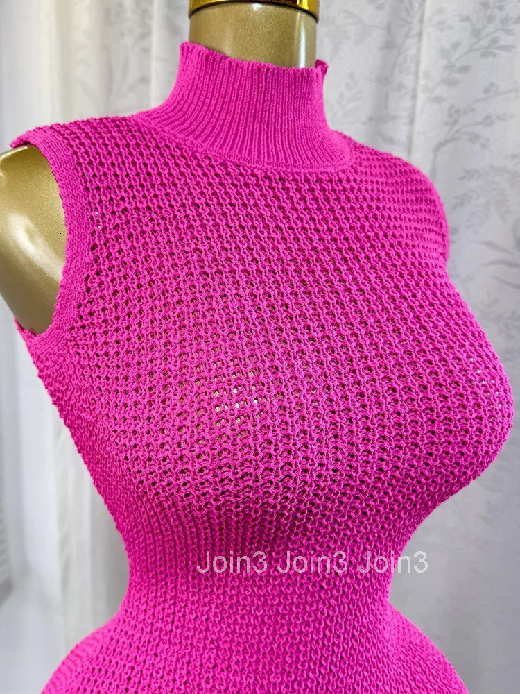 Joskaa Summer Women Elegant Round Neck Sleeveless Tassels Hem Bodycon Mini Knitted Dress Holiday Beach Party Clubwear