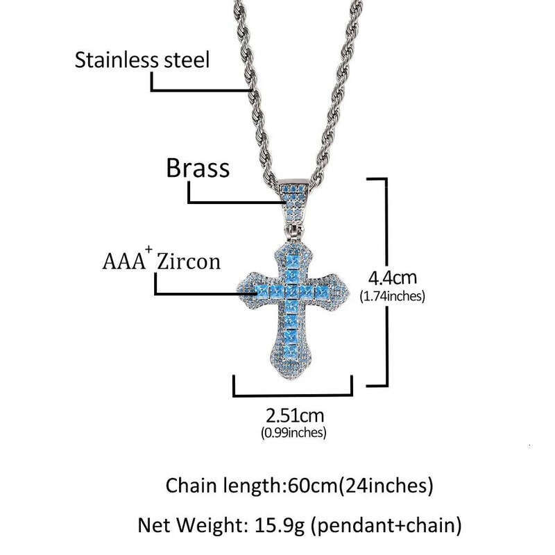 New charm bling iced out product blue zircon cross pendant necklace hip hop fashion dia jewelry all-match sweater chain gifts for women and men