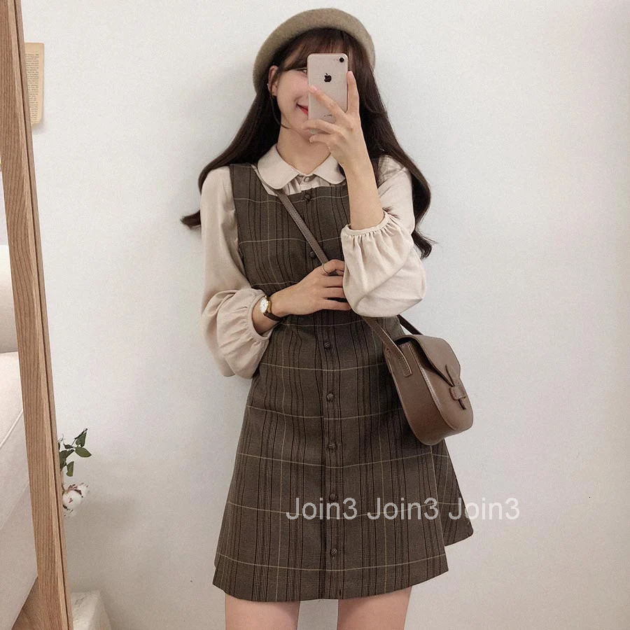 Preppy Sty Japan Girls Matching Outfits Date Lady Autumn Spring A Line Women Plaid Shirt Dress