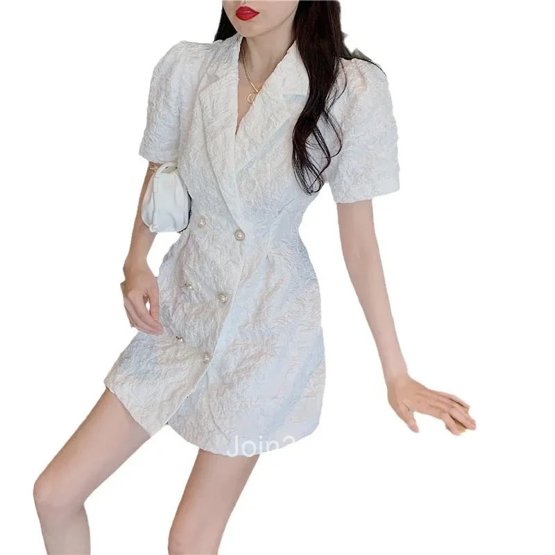 Summer Hot Sale Of The Season White French Style Suit Dress Slimming Short Sleeve Bubble Sleeve Waist Cinched Womens Dress Eleg