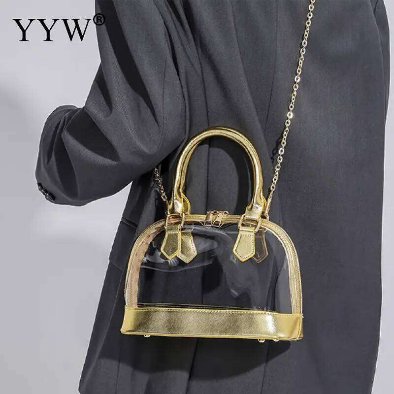 Transparent Jelly Women Clutch Handbag With PU Leather Top Handle Metal Chain Crossbody Shoulder Tote Bag Casual Messenger Purse