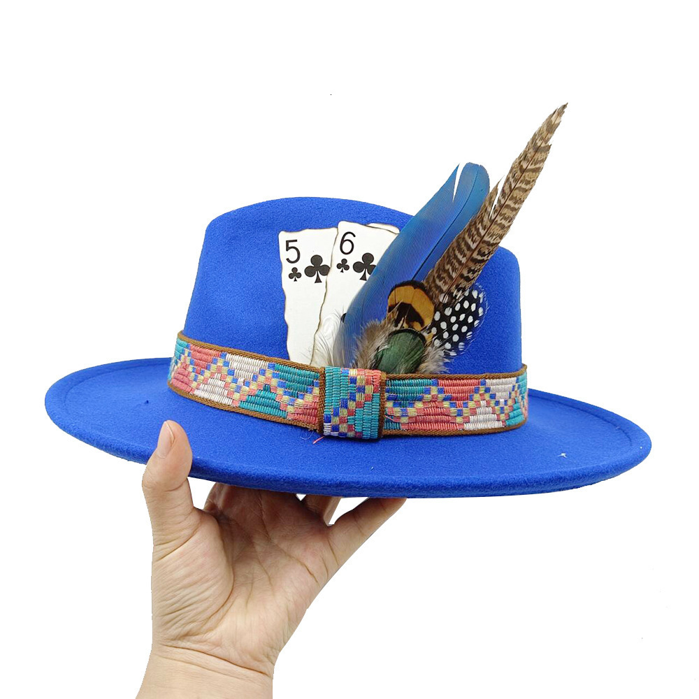 Feather Fedoras Hat Mens and Womens Black Felt Wide Brim Jazz Hat Gentlemens Hat Plum Blossom 8 Poker Card n Fedora Hat 240919