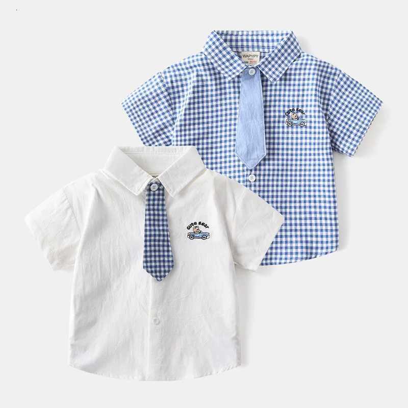 Boys Shirts with Collar 2 to 3 4 5 6 7 Years Summer Cotton Short Sleeve Toddler Boy Clothes White Blue Plaid Kids Uniform Shirt X250806