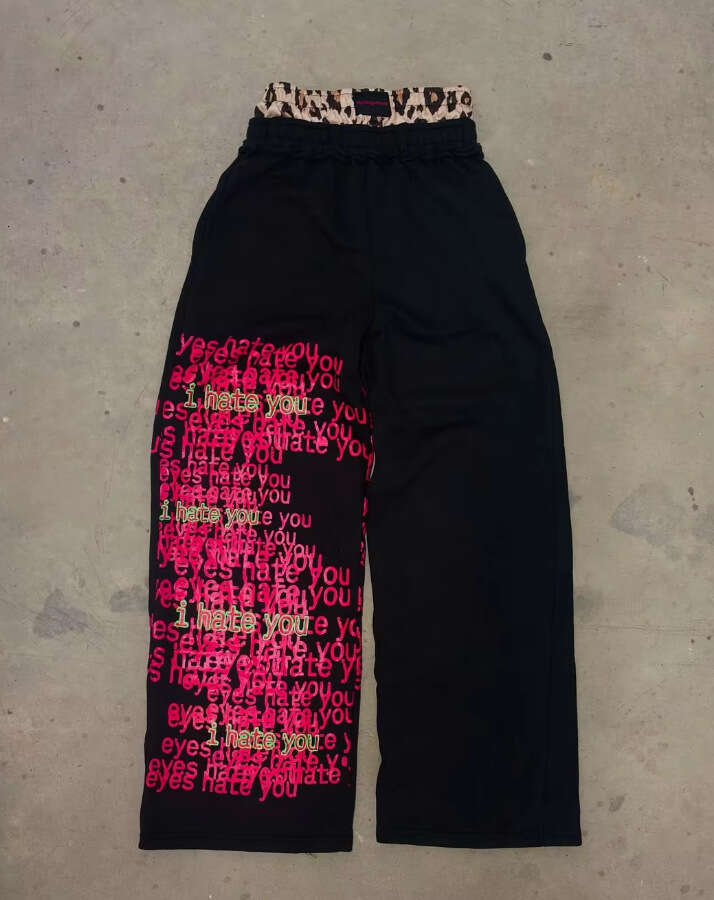 American High Letter Print Double Waistband Casual Pants Men Street Hip Hop Fake Two-Piece Loose Straight Sweatpants