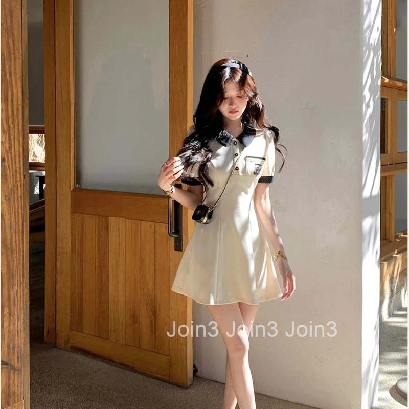 Polo One Pieces Korea Contrast Color Womens Dress With Collar Summer Sweet College Sundress Y2K Short Sleeve Mini Skirt Kpop