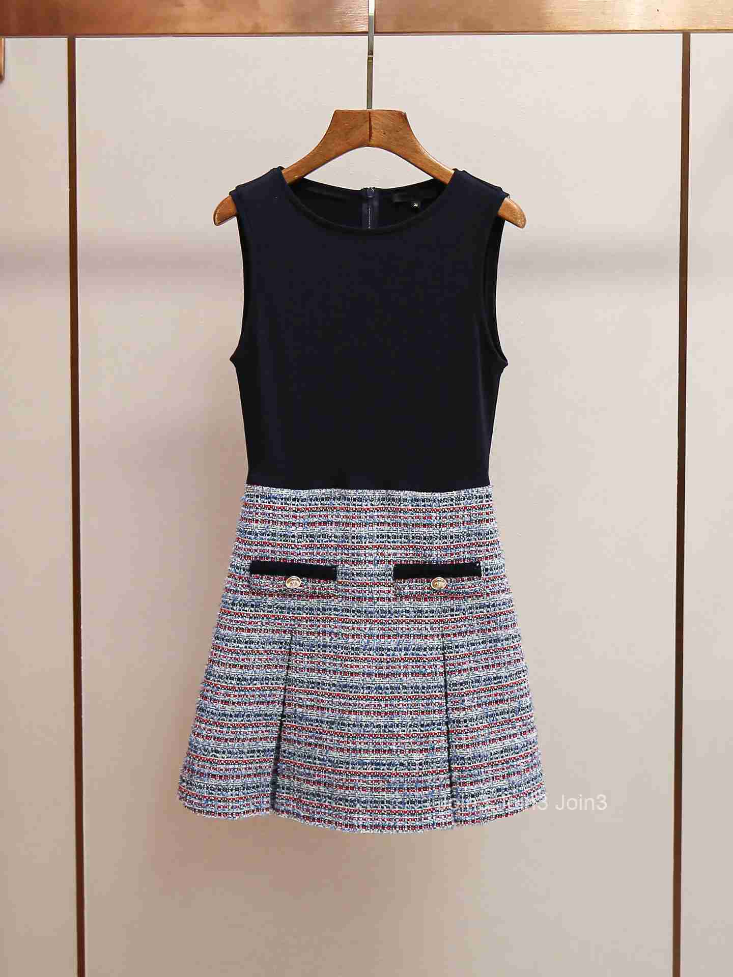 Vintage Tweed Womens Two-Piece Set Dress Round Neck Single Breasted Sleeveless Vest Top or Patchwork A-Line Short Robe