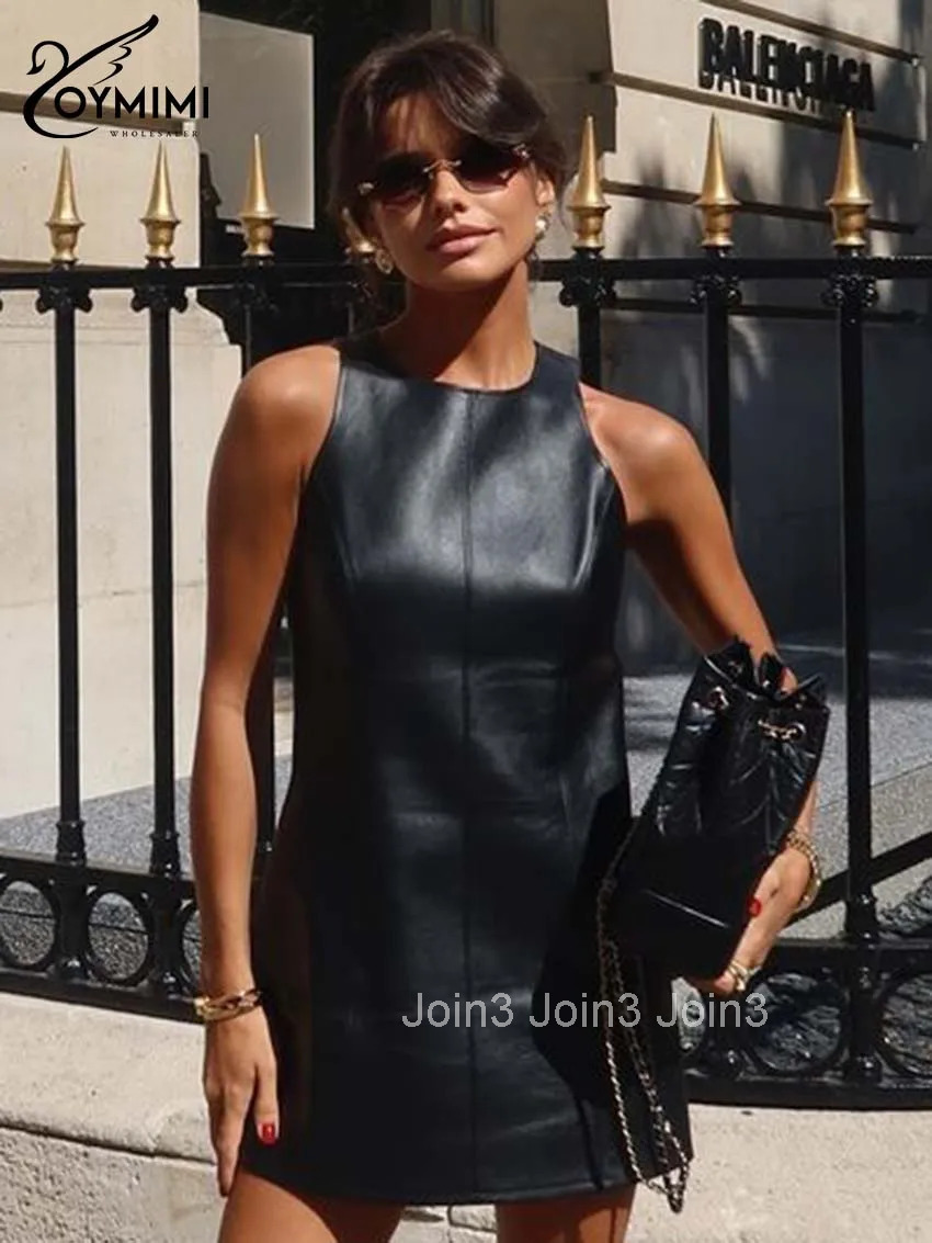 Casual Black Pu Leather Dresses Women Fashion New O-Neck Sleeveless Slim Dresses Elegant Solid Straight Mini Dress
