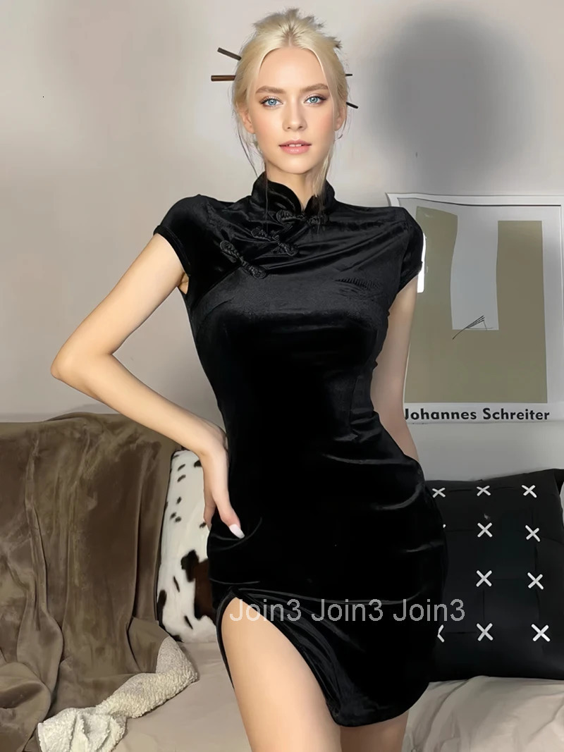 Women Dress Y2K Cheongsam Velvet Elegant Black Sexy Short Sleeve Button Casual Shopping Photo Chinese Dress Tight Fashion Summer