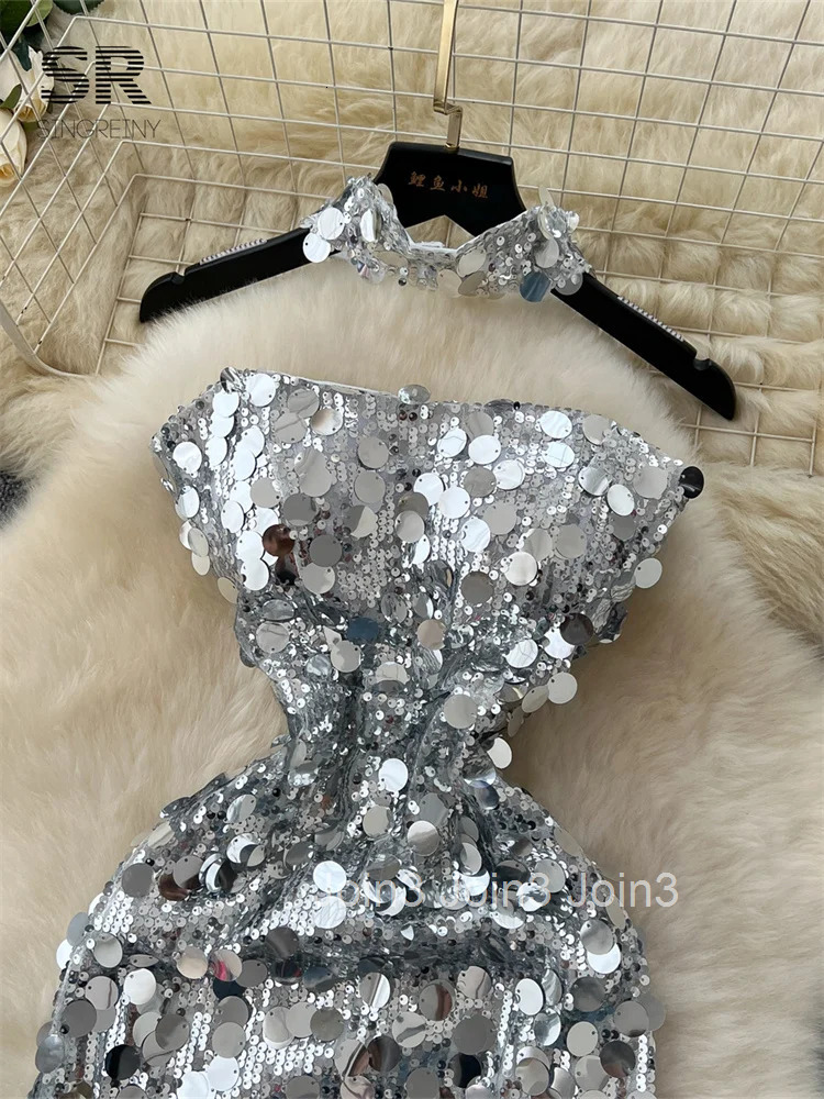 Light Luxury Sequins Party Dress Strapless Backless Lace Up Silvery Senior Sundress Ladies Sexy Bodycon Evening Dress