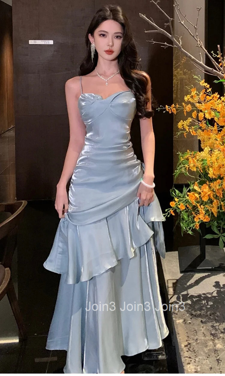 Elegant Spaghetti Strap Ruffles Womens Evening Dresses Fashion Princess Party Sleeveless Dress Summer Slim Waist Vestidos