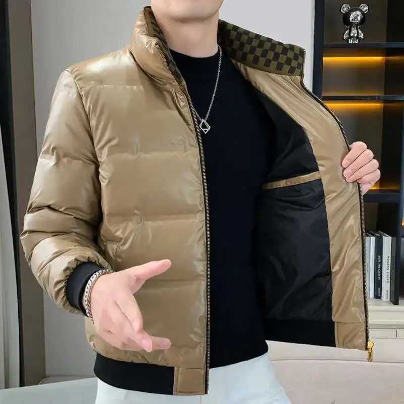 2023 Stand Collar Shiny Down Solid Color Coat Men Winter Long Sleeve Jacket Letter Print Jacket Men Shiny Down Jacket Black W250806