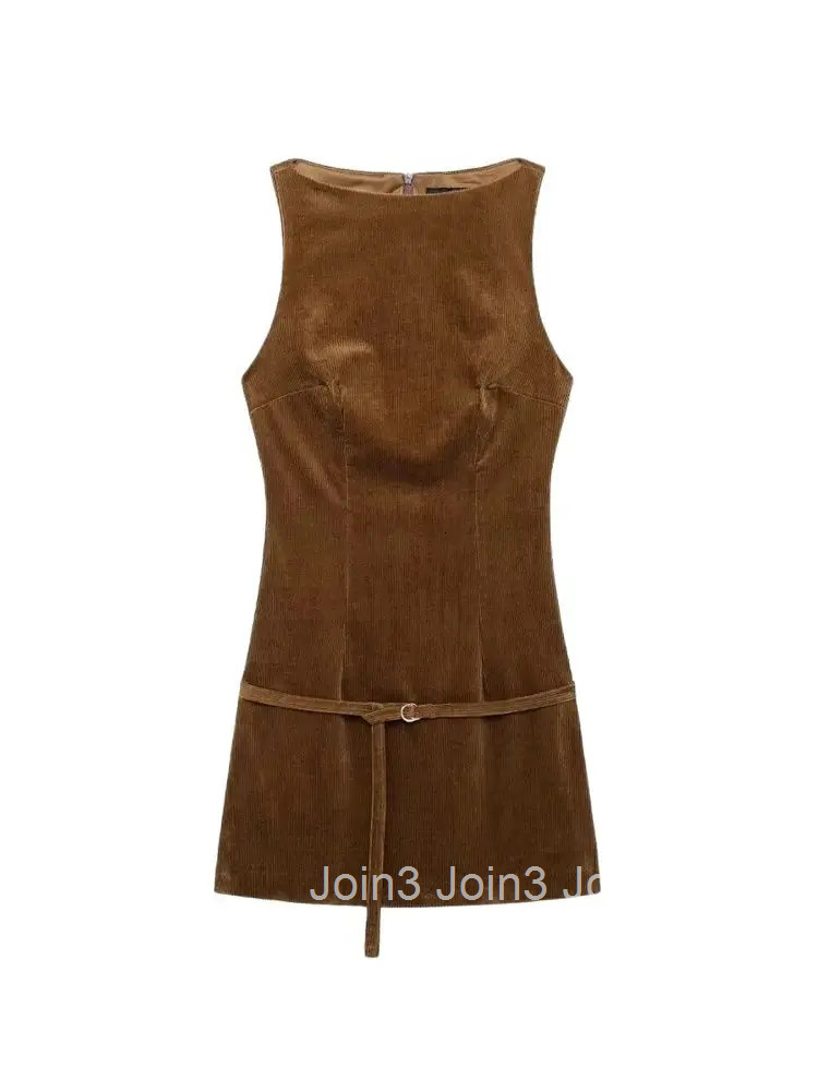 Womens Corduroy Mini Dress with Belt O Neck Sleeveless Back Zipper Female Dresses Fashion