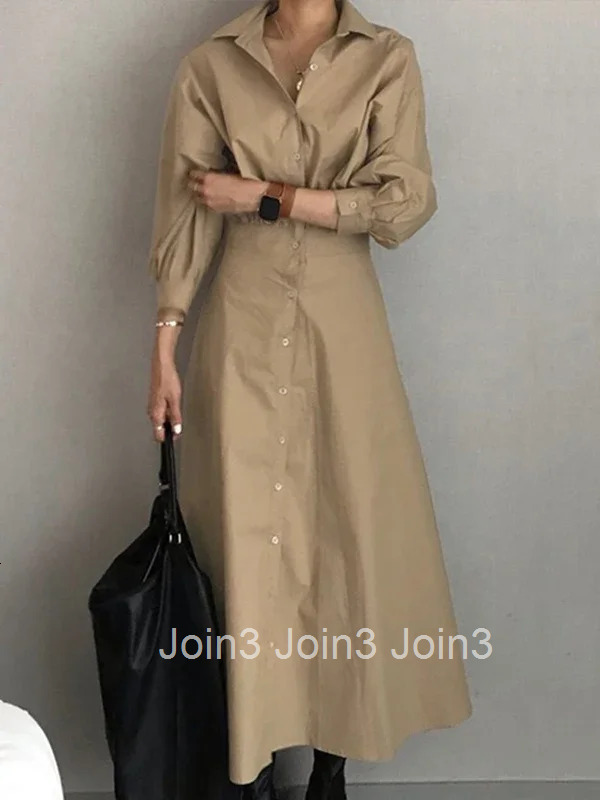 Women Casual Long Shirts Dresses Summer Spring Clothes Khaki Puff Sleeves Botton Simple Maxi Dresses for Women