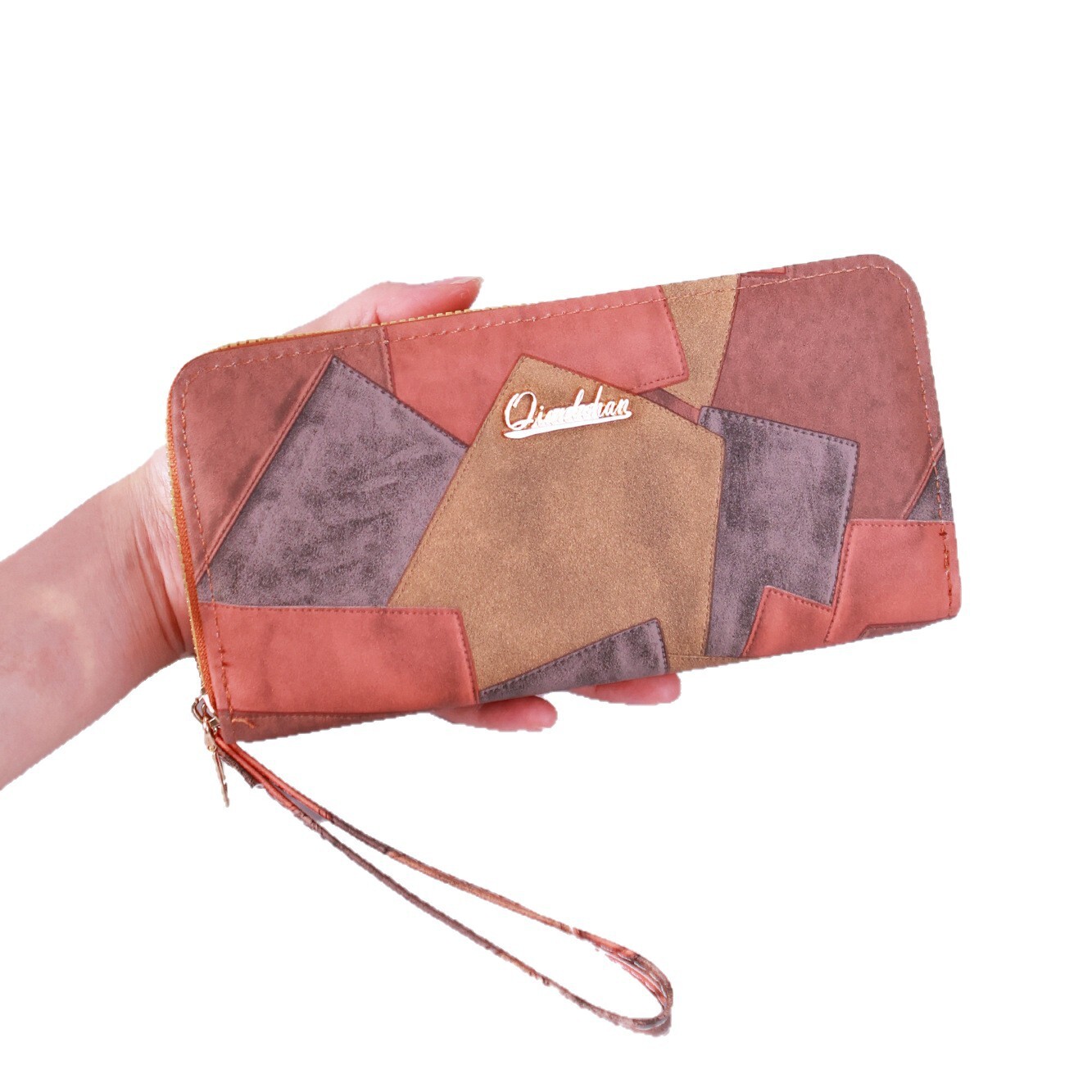 New Women's Leather Wallet Color Block Double Zipper Large Capacity Clutch Simple High-end Phone Bag