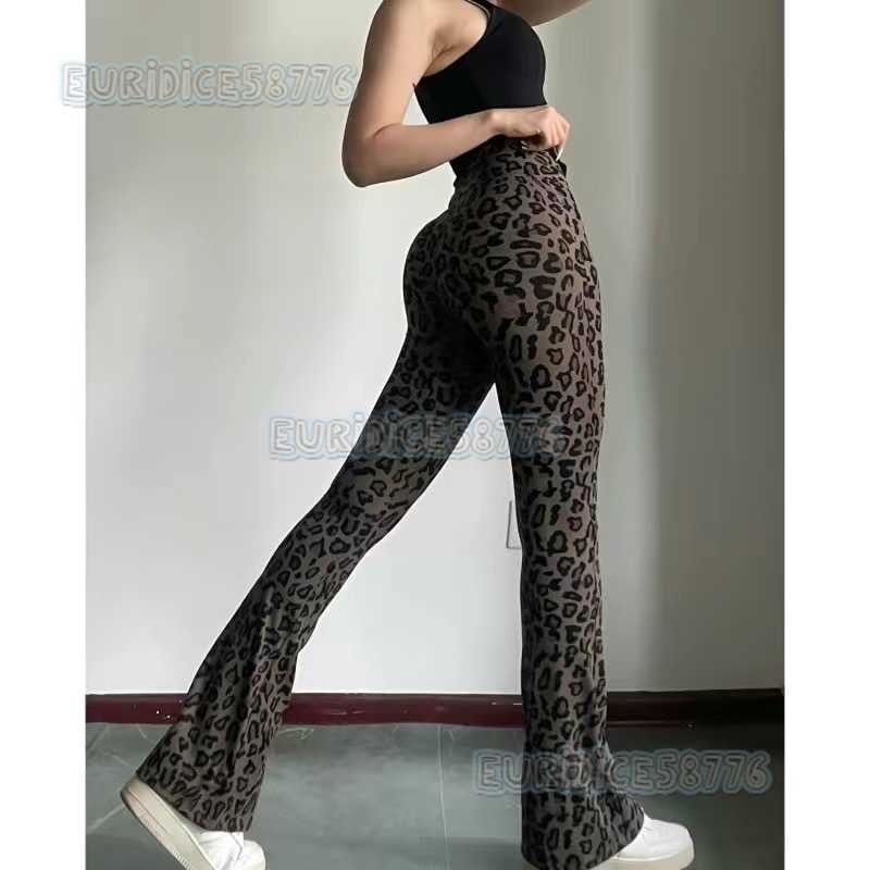 Extended Leopard Print Yoga Pants Breathable Leg-lengthening Flared Pants High-waisted Sports Pilates Floor-length Tight Pants H250806