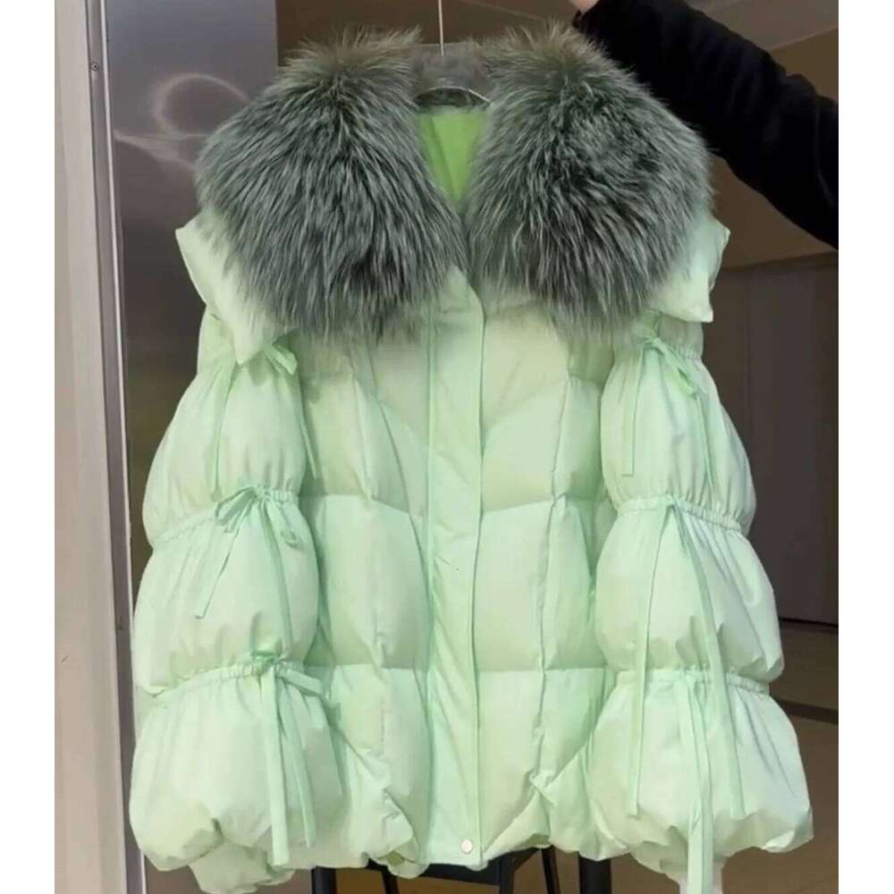 Winter Warm Real Natural Raccoon Fur Collar White Duck Green Bread Coat Female Elegant Lantern Sleeve Bow Down Jacket Wome 250806