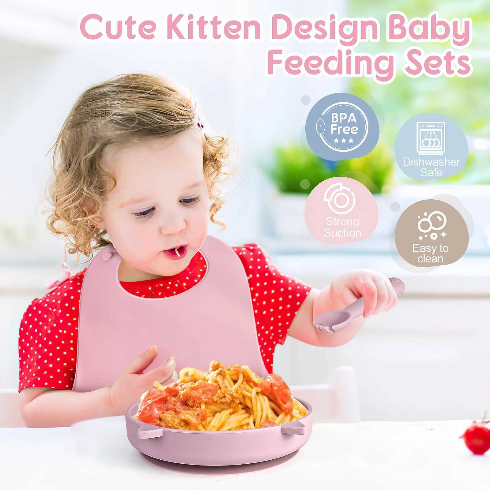 3PCS Silicone Children Tableware Baby Feeding Set Silicone Dinner Plate with Wooden Handle Spoon Fork BPA Free Baby Training Tableware X2508061
