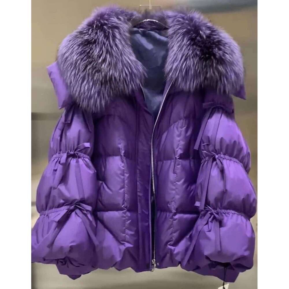 Winter Warm Real Natural Raccoon Fur Collar White Duck Green Bread Coat Female Elegant Lantern Sleeve Bow Down Jacket Wome 250806