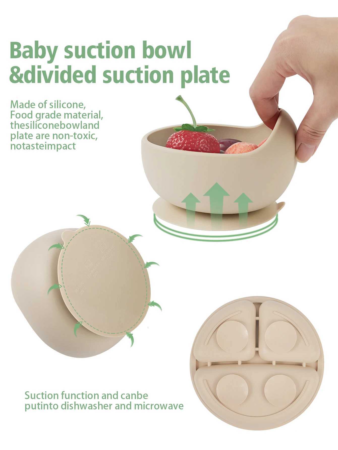 5pcs-1set Childrens Tableware Set Child Dishes Sucker Plate Bowl Utensils Soft Silicone Bibs Spoon Fork Sets Kids Tableware X250806