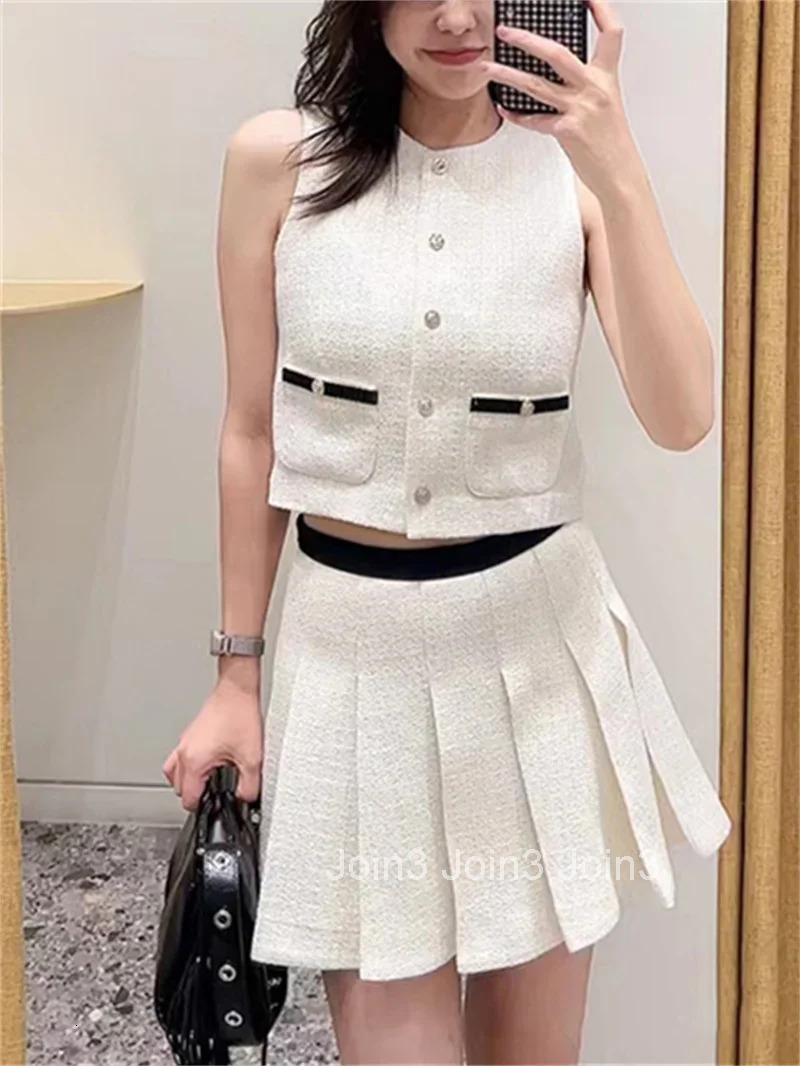 Tweed Womens Fake Two Piece A-Line Dress+ Single Braested Cardigan + Pleated Mini Skirt Ladies Autumn New