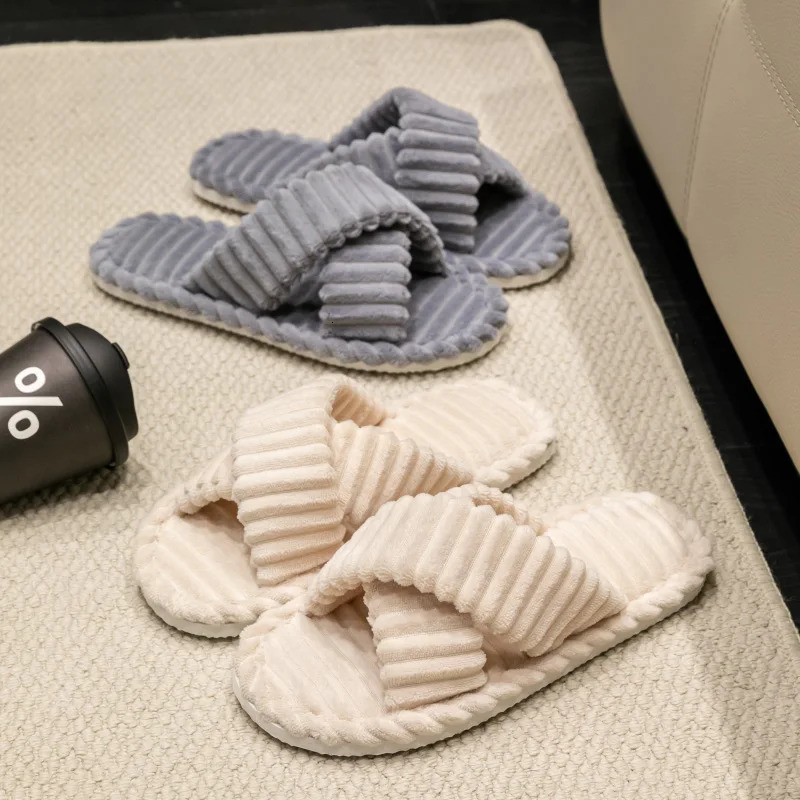 Fashion Corduroy Cross band Open Toe Home Slippers Women Autumn Winter Warm Plush Slides ladies Bedroom Soft Sole Slippers 250731