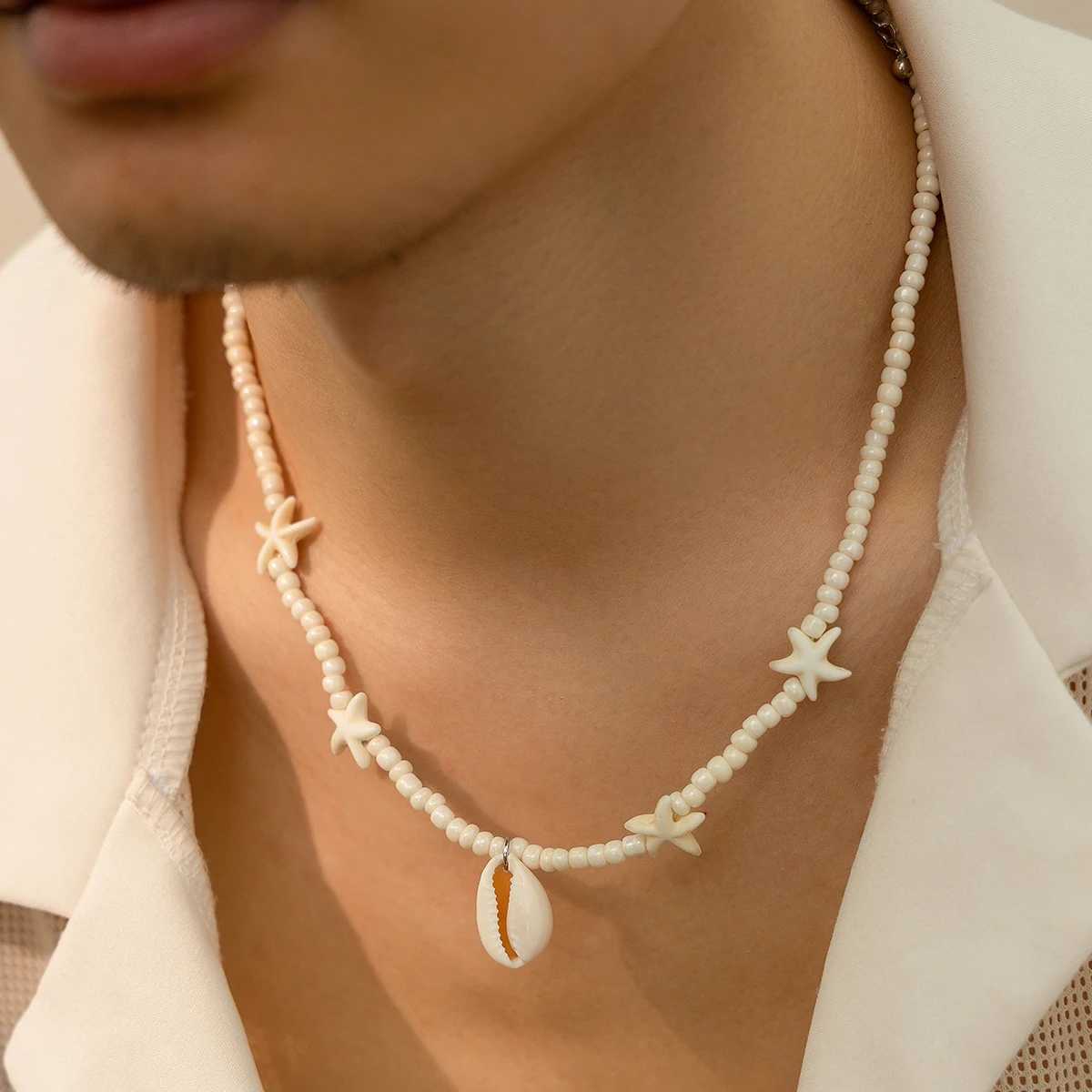 2025 Fashion Sea Starfish Necklace for Men Classic White Rice Beads Beaded Choker Necklace Mens Summer Beach Jewelry Y250805