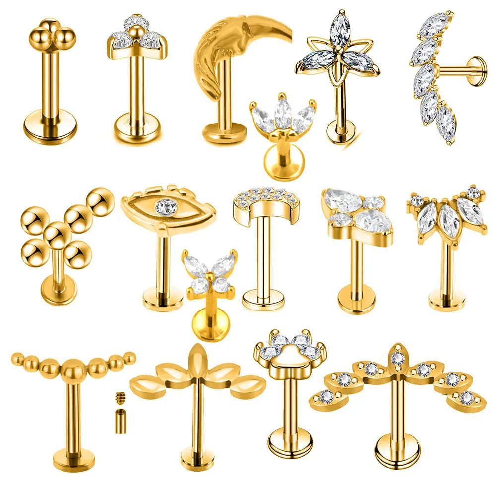 Flower Moon Butterfly Labret Stud Cross Claw Leaf Daith Conch Stud Earring Crown CZ Lip Internal Thread Piercing Steel 250805