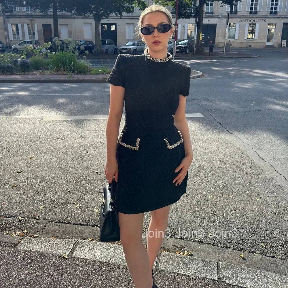 Talenza Womens Elegant Tweed A-Line Dress Solid Slim Fit Y2k Short Sleeve Dress Retro O-Neck Patchwork Luxury Evening Dress