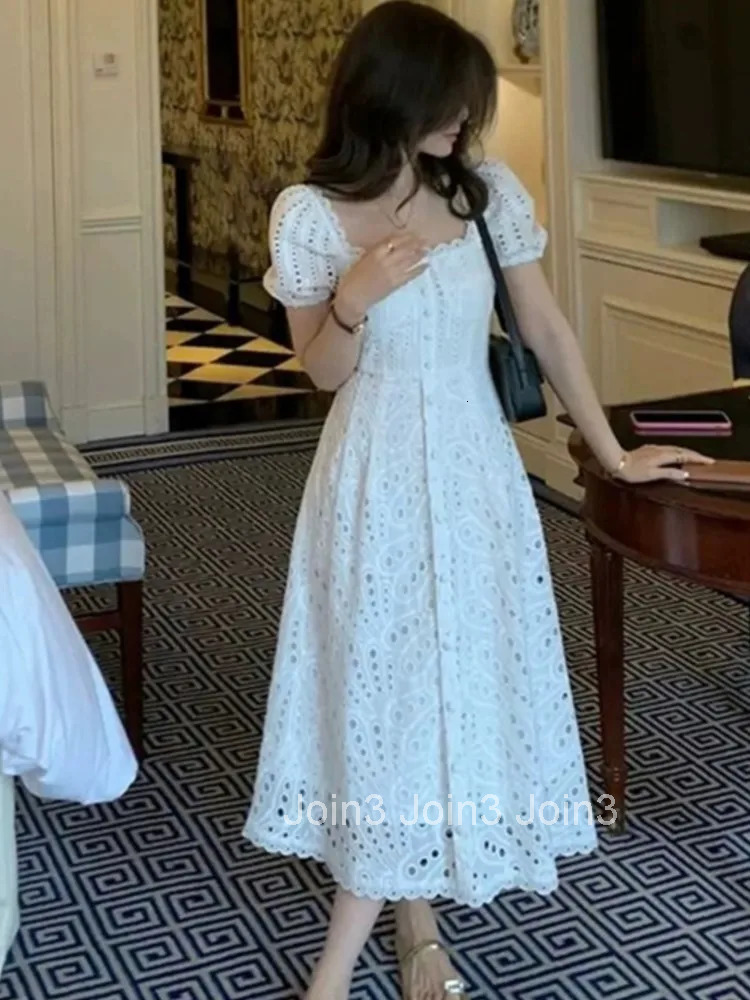 Elegant Square Collar Puff Sleeve White Midi Dress Summer Hollow Out For Women French Kawaii Vestidos Korean Chic Dresses Mujer