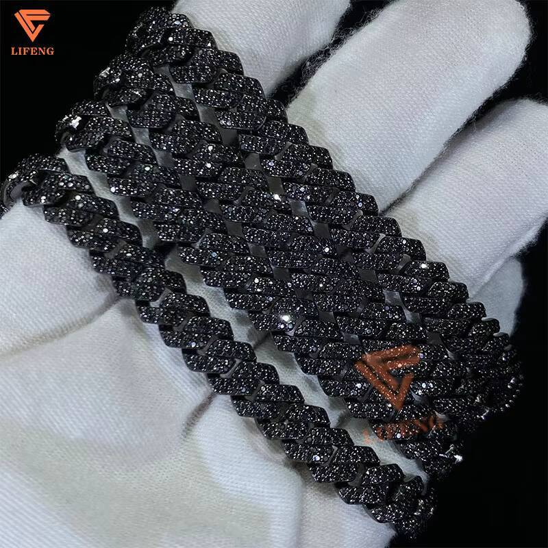 Hot Selling Black Diamond Cuban Chain 20mm 3 Rows 925 Silver Black Gold Plated Iced Out Chain Moissanite Cuban Link Chain