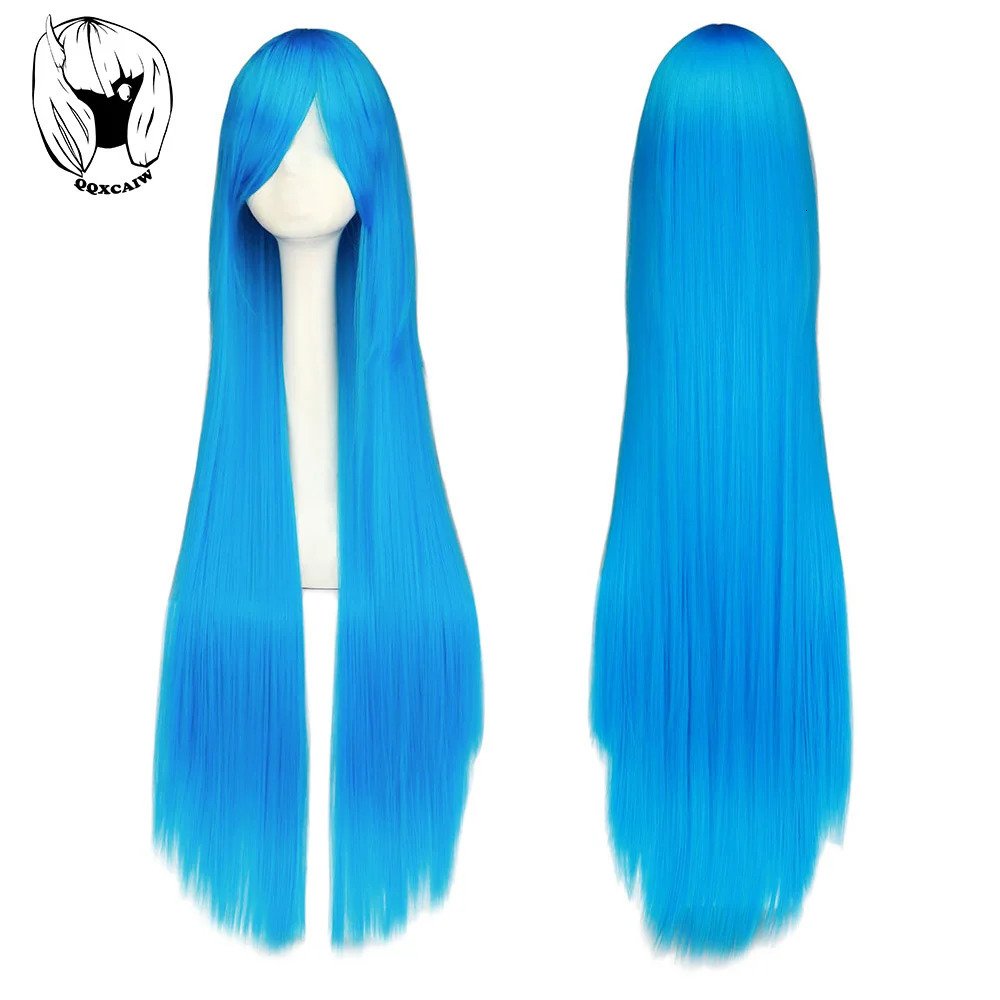 QQXCAIW Cosplay100cm Long Blue Synthetic Hair Wigs Halloween Anime Costume Straight Heat Resistant Wig 250805