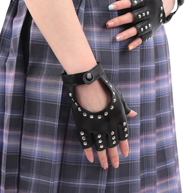Black Gothic Rivets Fingerless Gloves Semi-Fingers Breathable Driving Men Women Pu Leather Punk Gloves Halloween Dance Gloves 250806
