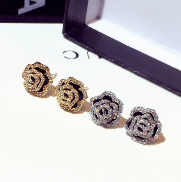 Free Shipping Designer Luxury Jewelry New Fashion Design Silver Needle Earrings Super Beautiful Zircon Rose Flower Elegant Ear Accessories