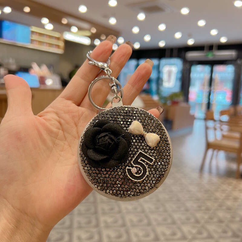 DHpet_wholesale Glamorous Camellia Mirror Keychain - Crystal-Studded Compact Mirror with Beaded Chain, Korean Style Bag Charm Gift (103g)