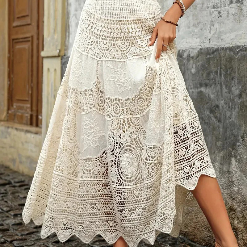 Boring Honey French Retro Classical Skirts Hollow Out Knitting Big Swing Skirt Summer Fashion All-Match High Waist Dress 250804
