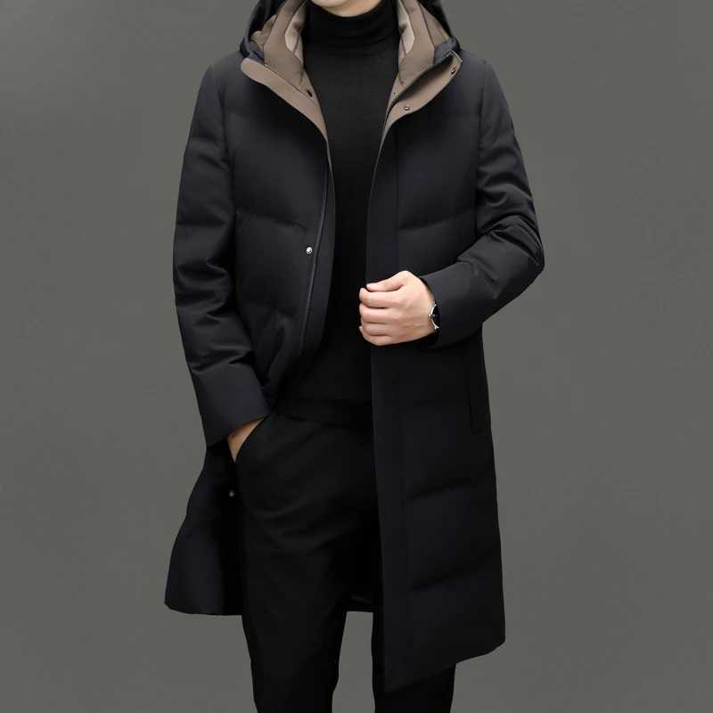 Mens Warm Down Jacket 2024 Business Casual Long Hooded White Duck Down Warm Coat Brand Clothing Male Lightweight Down Jacket W250806