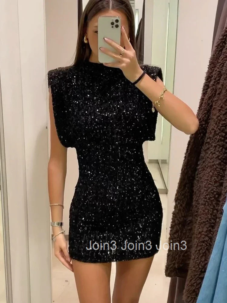 ZBZA Womens Shoulder Padded Sequin Dress Solid Sleeveless Hidden Zipper High Waisted Elegant A-line Mini Skirt New Female Dress