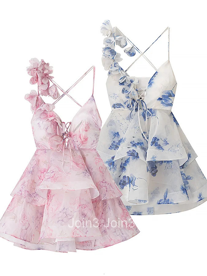 Elegant Floral Print Puff Sleeve Ball Gown Mini Dress Women 3D Flower V-neck Summer Beach Dresses Chic Holiday Evening Vestidos