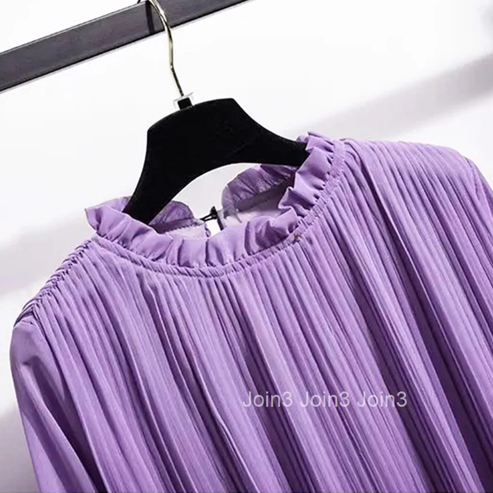 Lavender Ruffled Collar Pleated Elegant Lace Up Chiffon Womens Dress A-Line Knee-Length Dresses For Women Clothing Fashion
