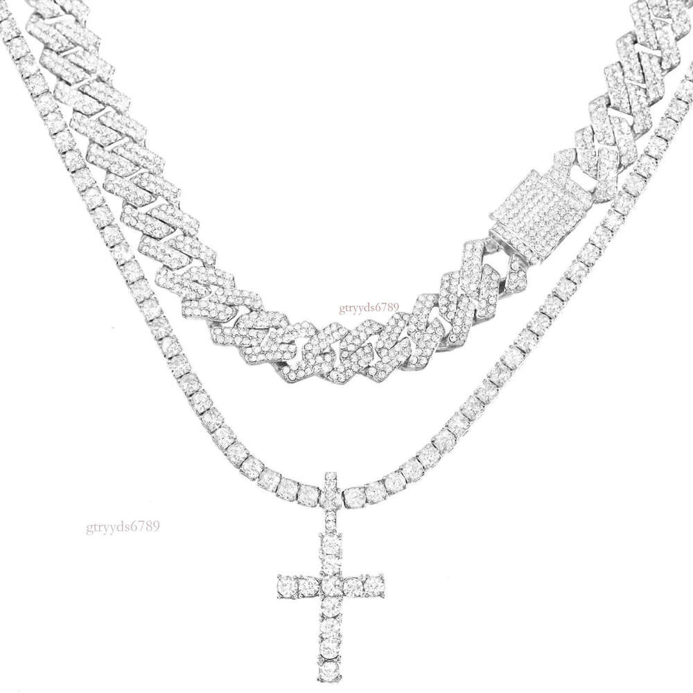 Hip Hip 2 piece set Cross Tennis 14mm necklace for men and women chilled 2 rows of Cuban chain necklace fine jewelry